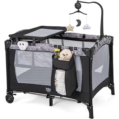 BABY JOY 3 in 1 Pack and Play, Portable Baby Playard with Bassinet, Changing Table, Lockable Wheels, Glowing Music Box, Travel Baby Crib Bassinet Bed from Newborn to Toddler