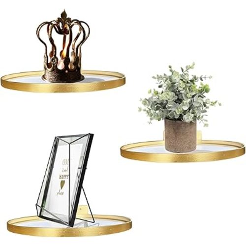 Cityelf Floating Shelves Wall Mounted Wall Decor Iron Glass Hanging Shelf Home Decor Set of 3 Display Ledge Shelves for Living Room Bedroom Office-Gold