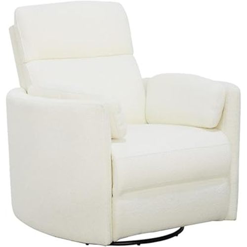 Pemberly Row Fabric Power Swivel Glider Recliner in Revel Oyster/White with USB Charging Ports and 2 Comfort Pillows for Living Room