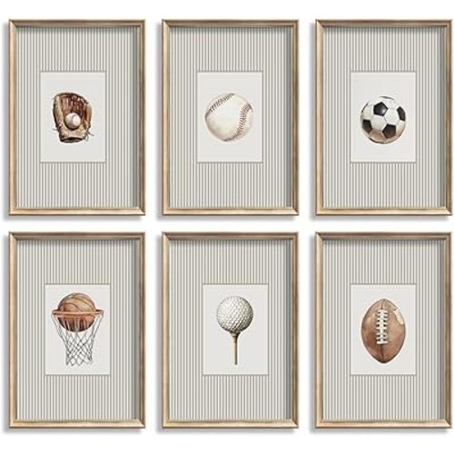 6Pcs Vintage Children's Sports Wall Art Kids Striped Wall Decor Football Baseball Basketball Soccer Golf Baseball Glove Poster Prints Pictures for Boys Room Nursery Home Decoration 8x10in Unframed