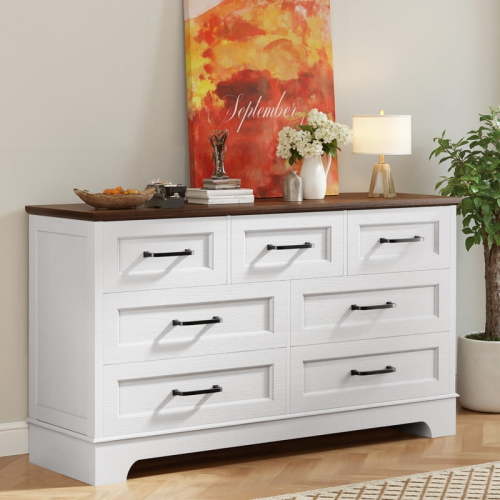 Homall 7-Drawer Wood Dresser for Bedroom, Large Storage Cabinet with Anti-Tip Safety and Modern Arch Design, Classified Storage Organizer Chest for Living Room, Hallway, Brown and White
