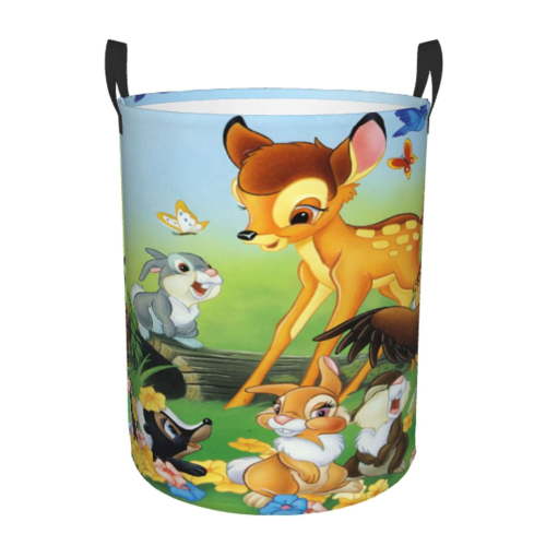 Bambi Laundry Hamper with Handles, Foldable Waterproof Circular Basket, Kids Toys Dirty Clothes Storage Organizer Basket for Bedroom Bathroom Nursery Dorm Small