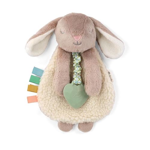 Itzy Ritzy - Itzy Lovey Including Teether - Baby Lovey with Teether, Textured Ribbons & Dangle Arms - Features Crinkle Sound, Sherpa Fabric and Minky Plush (Taupe Bunny)