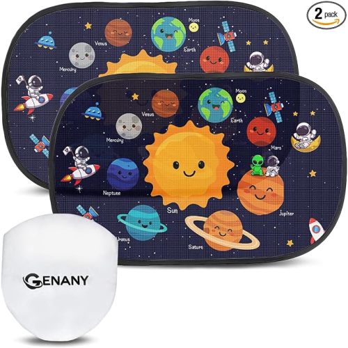 2pcs Space Planet Window Sun Shade for Sedan SUV Truck (21x14 Inches), Galaxy Sun Shades for Side Window, Astronaut Baby Window Shades, Summer Car Decor