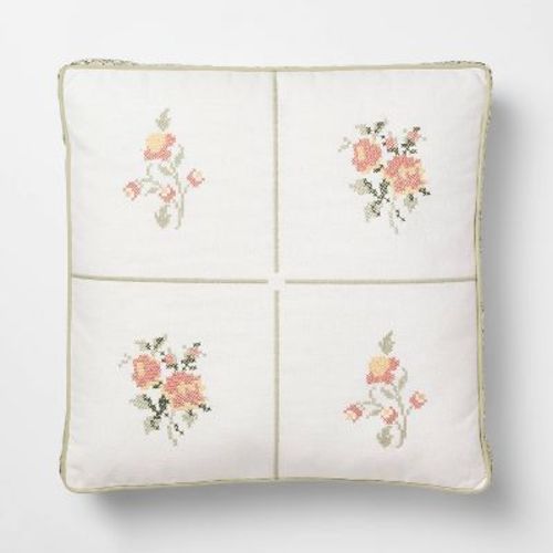 Square Cross-stitched Floral Pillow With Printed Green/pink - Threshold™ Designed With Studio Mcgee