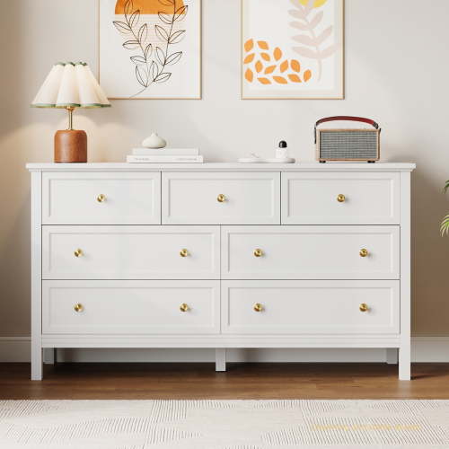 YouTrend 7 White Drawer Dresser, Retro Wood Adult Dresser with Metal Handles for Bedroom,Living Room, Hallway