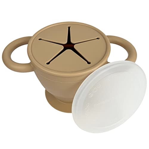 BraveJusticeKidsCo. | Snack Attack II Snack Cup | Collapsible Silicone Snack Container | Toddler and Baby Snack Catcher Lid (Warm Sand)