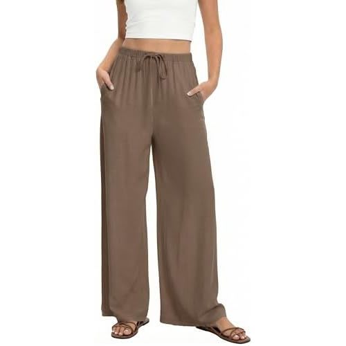 HONGTEYA Linen Pants for Women Wide Leg Palazzo Trousers Cotton Flowy Pants with Pockets for Summer Beach