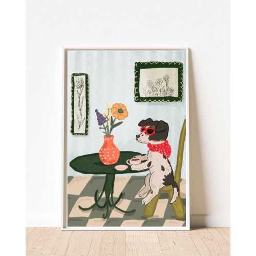 Whimsical Dog Cafe Art Print - Cute Vintage Style Dog Illustration | Tea time dog decor | Retro wall art | Funky Cafe Print | Wall Art