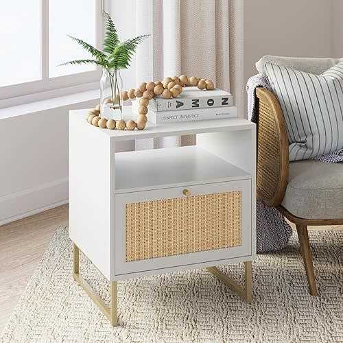 Nathan James Mina Rattan Wood End Side Accent Table Nightstand with Storage for Living Room or Bedroom, 1, White/Gold
