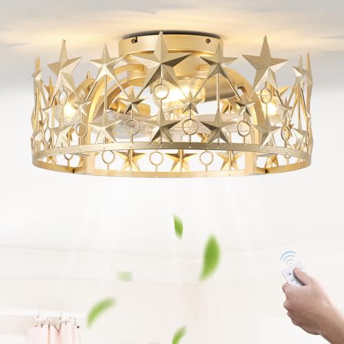 luansky Ceiling Fans with Lights and Remote Control, 18" Star Flush Mount Ceiling Fan with Light, Timing 6 Speeds for Bedroom Living Room Kitchen, E26 Base, Indoor-Gold
