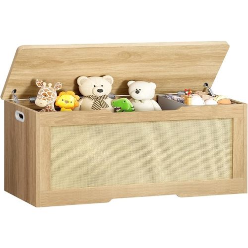 usikey 47.2" Large Storage Chest with Fabric Drawer, Toy Box with Safety Hinges, Extra Wide Storage Bench for Bedroom