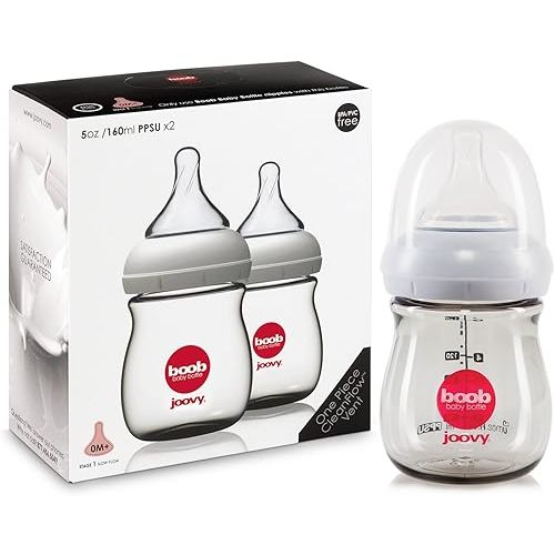 Joovy Boob Baby Bottles Made from Durable, Medical-Grade PPSU with CleanFlow Vent Technology to Prevent Nipple Collapse, Negative Pressure, and Colic Symptoms (5oz, 2pk)