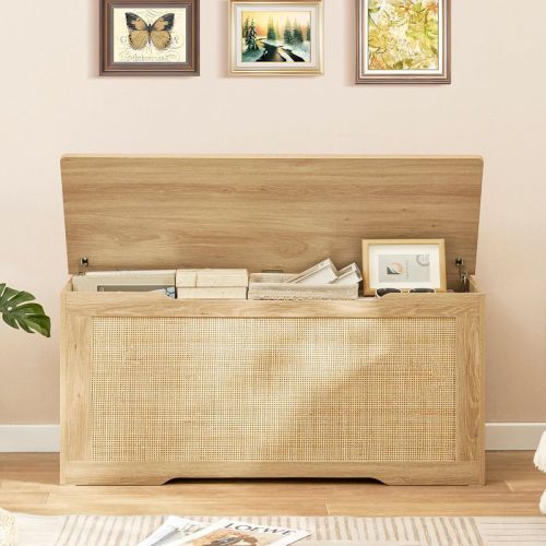 Usikey 39.4” Storage Chest, Toy Box With 2 Safety Hinges, Rattan Storage Bench With Storage, Toy Chest For Bedroom,