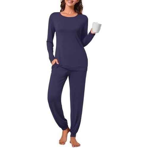 syoss Womens Pajama Set Long Sleeve Sleepwear Fall Round Neck Nightwear Soft Pjs 2 Piece Lounge Sets with Pockets