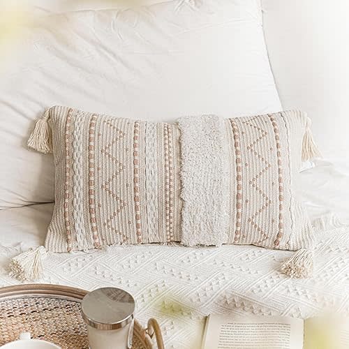 Decorative Lumbar Throw Pillow Cover 12x20 Cream Neutral White Rectangular Boho Accent Pillowcase Farmhouse Cushion for Couch Sofa Bedroom Living Home Décor (Cover ONLY, Pack of 1)