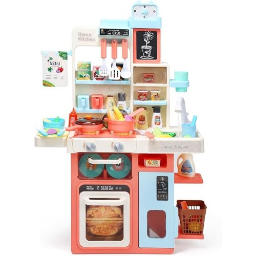 HOLYFUN Kids Kitchen Playset, Kitchen Set for Toddler with Sound and Light, Cooking Stove with Steam, Play Sink and Toy Kitchen Accessories, Pretend Kitchen Toys for Kids Girls Boys, Pink