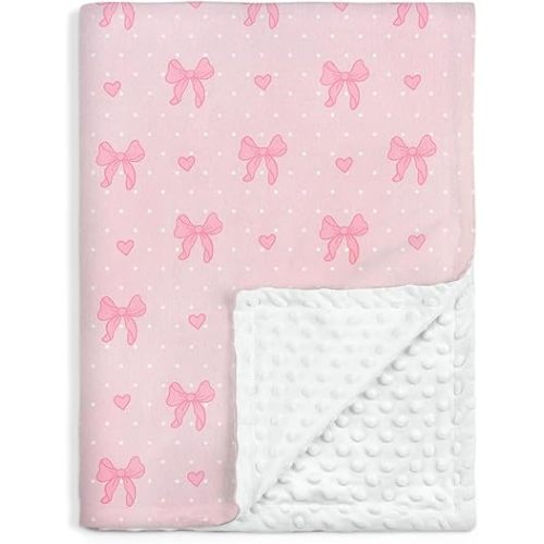 SANDJEST Pink Bow Minky Blanket 30 x 40 Inches, Gift for Christmas Birthday