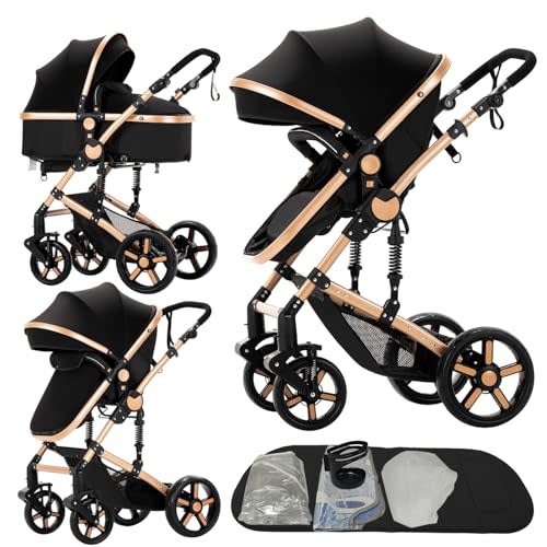 2 in 1 Baby Stroller, Convertible Foldable Standard Stroller, Reversible Pushchair Infant Buggy Carriage, Portable High Landscape Pram for Toddler Newborn, Aluminum Alloy (2US588-BG)