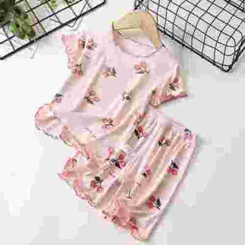 NAISIBABY Girls Pajamas Set, Ruffled Short Sleeve Tops Elastic Waist Shorts Floral Casual Home Clothes Pink 2T