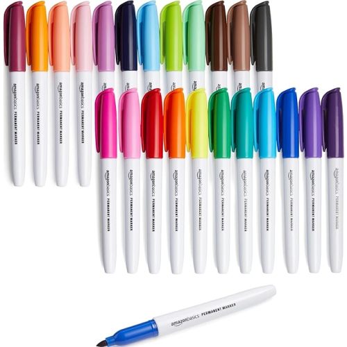 Amazon Basics Fine Tip Permanent Markers for Office, School, and Home Use, Assorted Colors, 24 Pack