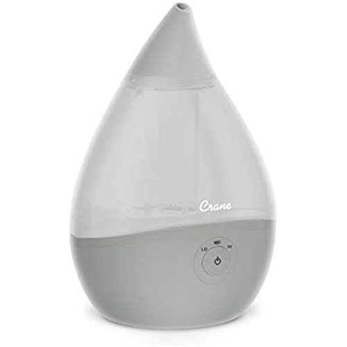 Crane Droplet Ultrasonic Cool Mist Humidifier, Filter Free, 0.5 Gallon with Optional Vapor Pad Slot, 3 Speed Output Settings, Grey