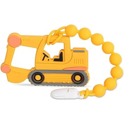 Baby Construction Vehicles Teething Toys,Food Grade Silicone Teether with One-Piece Pacifier Clip Holder,Best Shower Gift for 3 Months+ Boy and Girl,BPA Free,Freezer Safe. (Excavator)