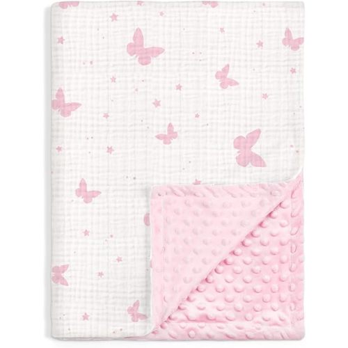 Butterfly Baby Blankets for Girls, Soft Nursery Minky Blankets with Muslin and Dotted Fleece Back 30x40 inches, Receiving Bed Quilt for Newborn, Infants, Toddlers