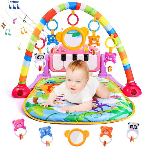 AOKESI Musical Baby Gyms Play Mats, Funny Play Piano Tummy Time Baby Activity Gym Mat with 5 Infant Learning Sensory Baby Toys, Music and Lights, Baby Play Mat for Infant 0 to 12 Months+, Pink