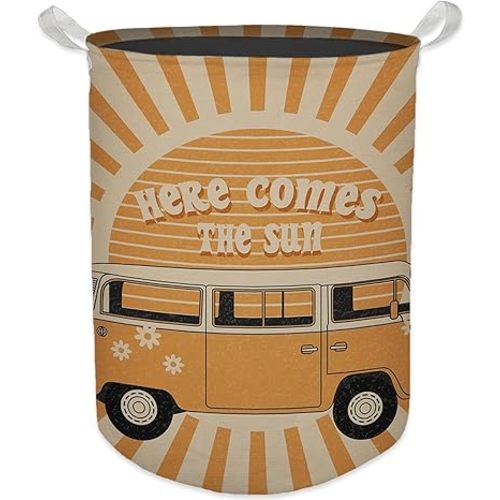 Here Comes the Sun Laundry Basket, 70s Retro Boho Sunshine Waterproof Collapsible Laundry Hamper Dirty Clothes Storage Toy Bin Organizer for Bathroom Bedroom Nursery Kids Room