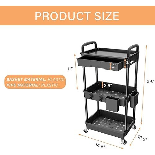 3 Tier Rolling Utility Cart with Drawer,REBECAT Utility Cart Made of Multifunctional Storage Organizer Tool for Kitchen,Bathroom,Living Room,Office(Black)