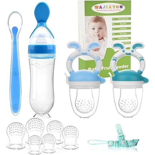 WAJIAYON Baby Fruit Feeder Pacifier - 5 Pack | 2 Baby Fruit Food Feeder Pacifier & 1 Baby Food Dispensing Spoon | Fresh Fruit Teethers for Babies | Silicone Feeder Baby,Mesh Baby Feeder (Blue & Navy)