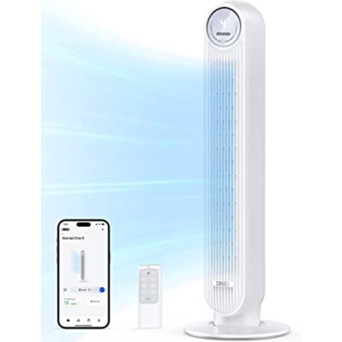 Dreo Tower Fan for Bedroom, 25ft/s Smart Standing Fans, 90° Oscillating Floor Fan with 4 Modes, 4 Speeds, 8H Timer, 28dB, Bladeless, Remote, 28 dB, Works with WiFi Voice Control