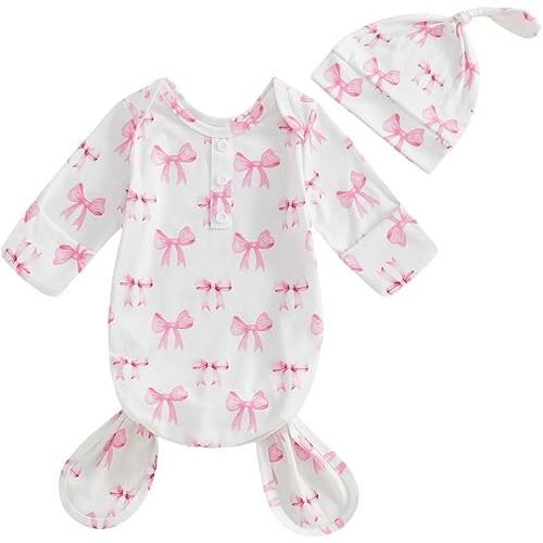 Newborn Infant Baby Girls Knotted Gown with Hat Coquette Bow Aesthetic Blanket Sleeping Bag Swaddle Set