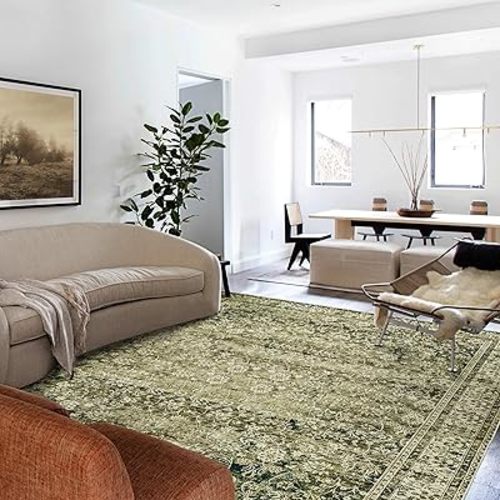 Washable 6x9 Area Rugs for Bedroom Aesthetic,Cozy Soft Faux Wool Neutral Dark Olive Green Decor Vintage Boho Rug for Living Room Bed Room Dining Room