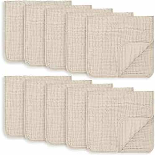 Comfy Cubs Muslin Burp Cloths Large 100% Cotton Hand Washcloths Set for Babies, Baby Essentials 6 Layers Extra Absorbent and Soft Boys & Girls Baby Rags for Newborn Registry (Sand, 10-Pack, 20" X10")