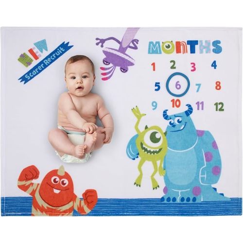 Disney Monsters, Inc. White, Blue, and Green, New Scarer Recruit Super Soft Photo Op Milestone Baby Blanket