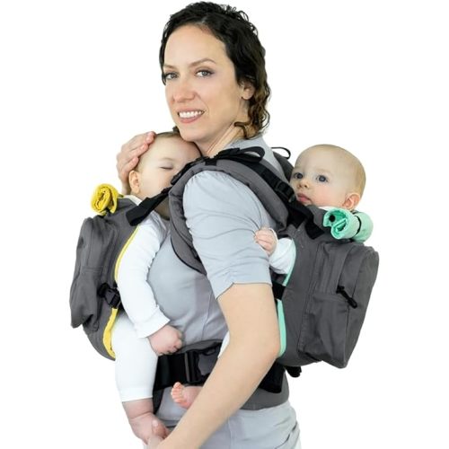 TwinGo Carrier Original Model (Grey, Green & Yellow) - Fully Adjustable Twin Baby Carrier and Separates into 2 Single Carriers for Men, Woman, Twins and Babies 10-45 lbs, Size XS-XXL