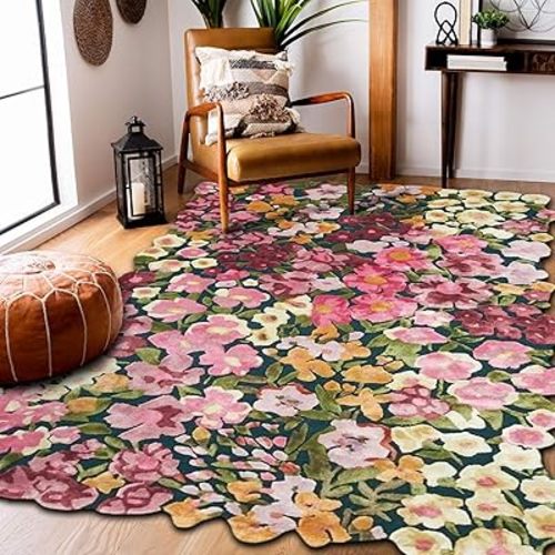 Handmade Colorful Flower Silk & Wool Area Rug | Spring Garden Overflows The Frame | Unique Irregular Shape Hand-Tufted Floral Rug Perfect for Home Decor (6 x 9 FT)