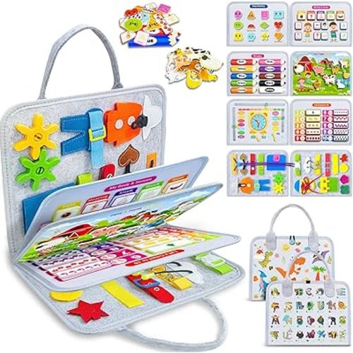Exorany Busy Board Montessori Toys for 1 2 3 4 Year Old Boy & Girl Birthday Gifts, Busy Book Learning Sensory Toys for Toddlers 1-3 2-4, Toddler Travel Educational Activities Learn Fine Motor Skills