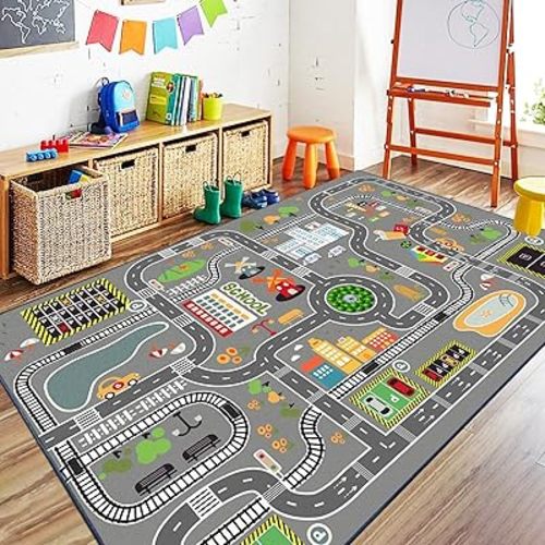 Car Rug Play Mat Great for Playing with Cars and Toys, Kid Playroom Carpet with Rubber Backing, Game Area for Baby Toddler Kid Child Educational Learn Road Traffic in Bedroom, Classroom