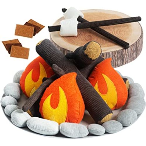 Pretend Campfire Set for Kids with S'Mores Kit & Wood Log Pillow - Soft, Safe & Durable Toy Campfire for Pretend Play & Sensory Play - Giftable Plush Felt Kids Campfire Playset for Ages 3+
