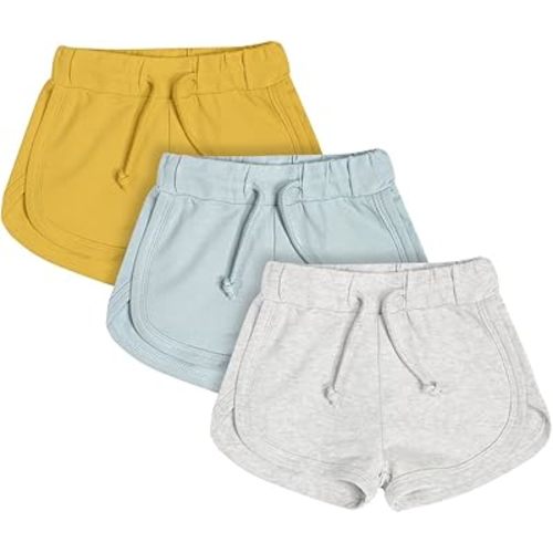 Teach Leanbh Baby Boys Girls 3 Pack Athletic Shorts Cotton Soild Color with Drawstring - 12 Months - Yellow/Powder Blue/Grey