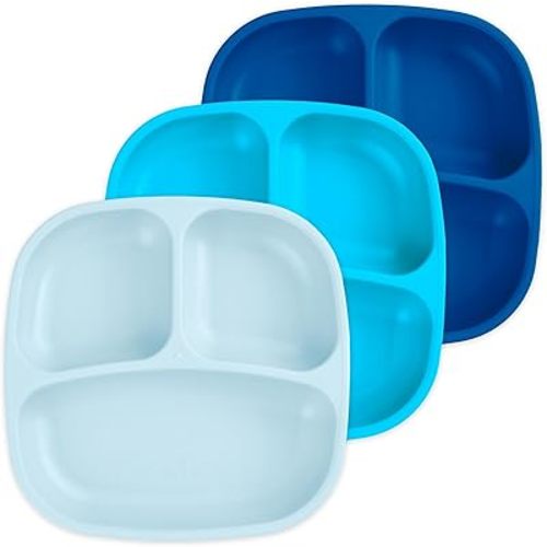 Re-Play Toddler Plates with Dividers - Deep-Walled 3 Compartments Divided Plates for Kids - Dishwasher & Microwave Safe - Made in USA - Set of 3-7.37" x 7.37" x 1.25" - Bluesy
