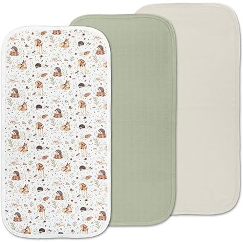 Miaoberry Organic Muslin Portable Changing Pad Liner – Waterproof Reusable Baby Diaper Changing Pad Cover for Travel, Woodland Deer and Soft Green, 3 Pack