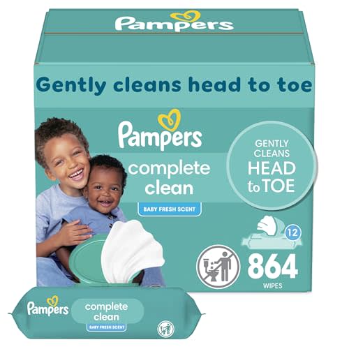 Pampers Baby Wipes, Complete Clean Baby Fresh Scented Wipe, Gently Cleans Head to Toe, 864 Total (12 Flip-Top Packs)