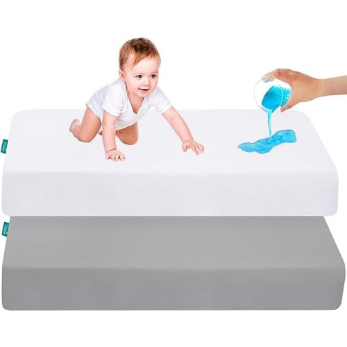 Waterproof Crib Mattress Sheet 2 Pack, Crib Mattress Protector, Fitted Crib Sheet, Ultra Soft & Breathable Toddler Bed Sheets for Boys and Girls, Grey & White - Crib Sheets