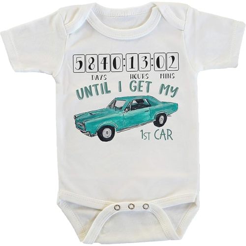 Witty and Bitty Countdown Until My First Car in Teal Classic Car Onesie/Bodysuit