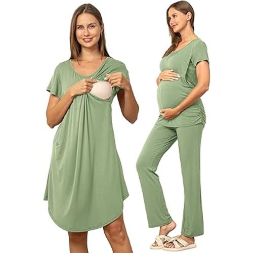 SUNNYBUY Women 3 PCS Maternity Nursing Nightgown Dress & Short Sleeve Breastfeeding Top & Pregnancy Pants Sleepwear Set