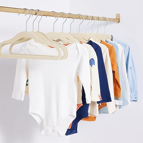 Amazon Basics Kids Space Saving Velvet Non-Slip Clothes Hangers with Shoulder Notches for Infant and Toddler, 11.6", Beige, 50-Pack